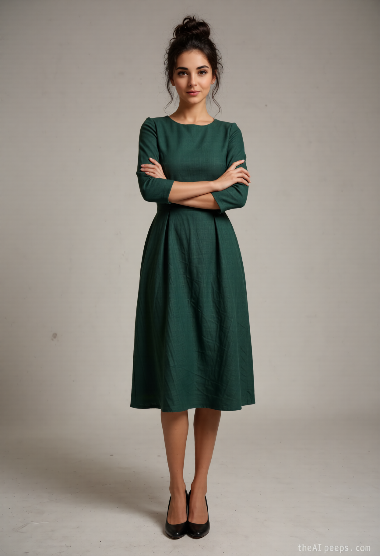 Dark green knee-length linen dress, Messy bun, long legs, slim legs , black low-heel pumps, no glasses
