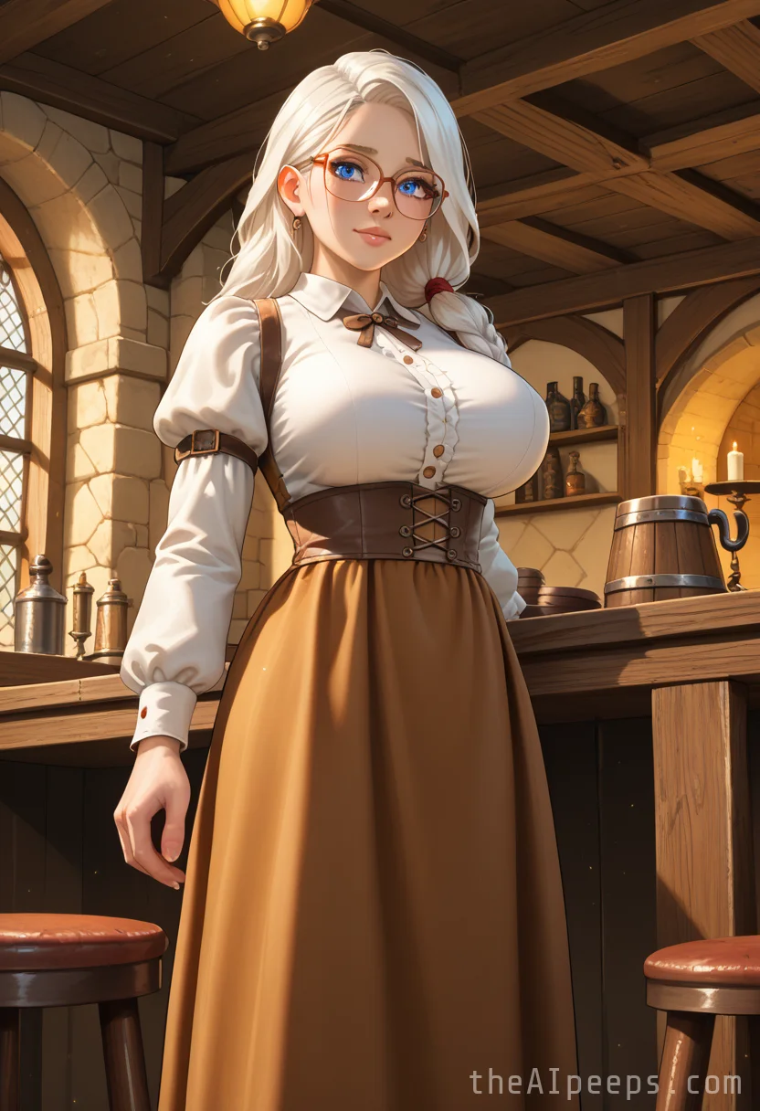 Sat on a chair, looking nervous, fidgeting with skirt, clevage