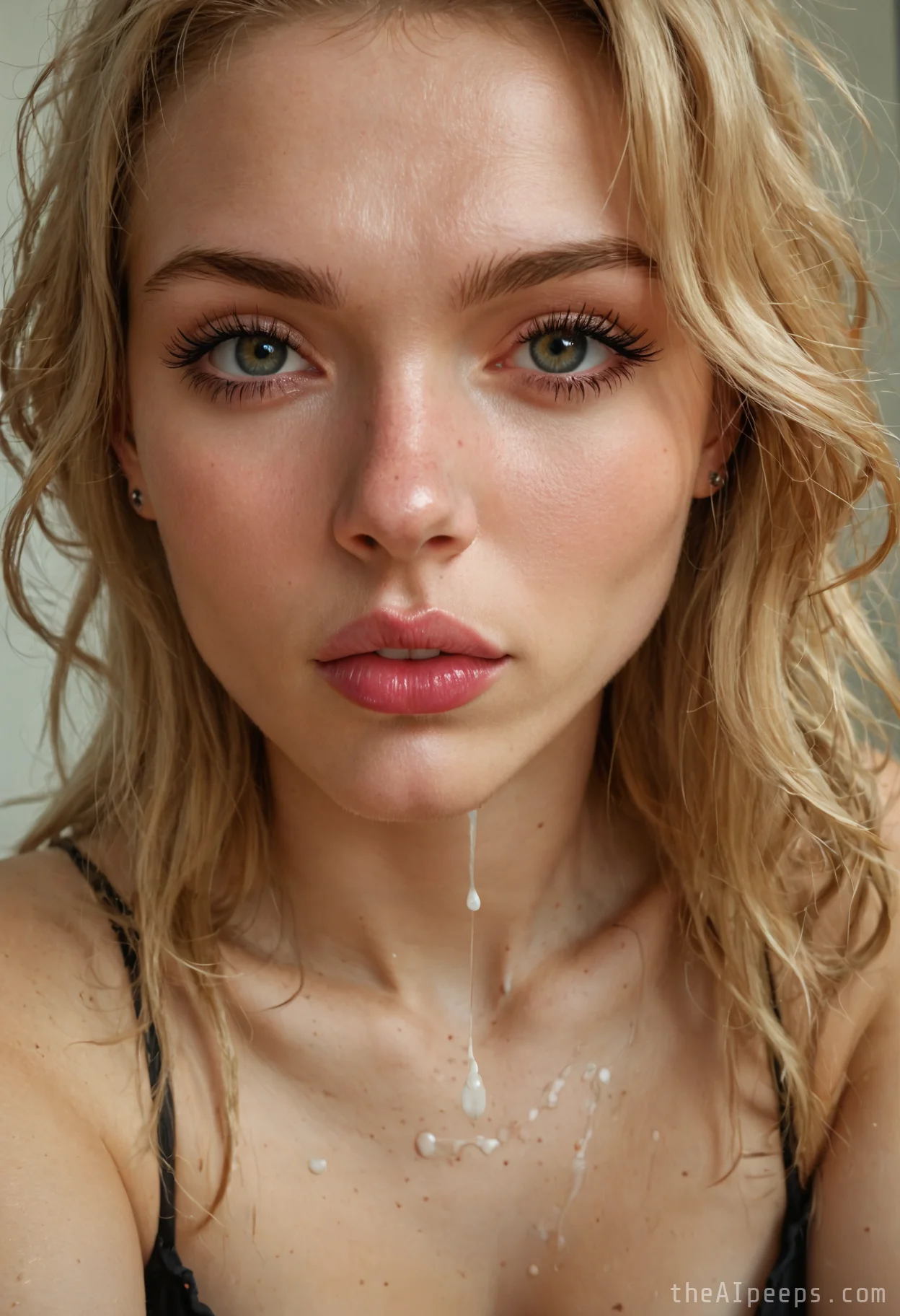 (cum_face:1.4), (cum_on_lips:1.3), (cum_drip:1.2), (selfie:1.1), closed_eyes, messy_hair, flushed_cheeks, parted_lips, facial_expression_pleasure, intimate