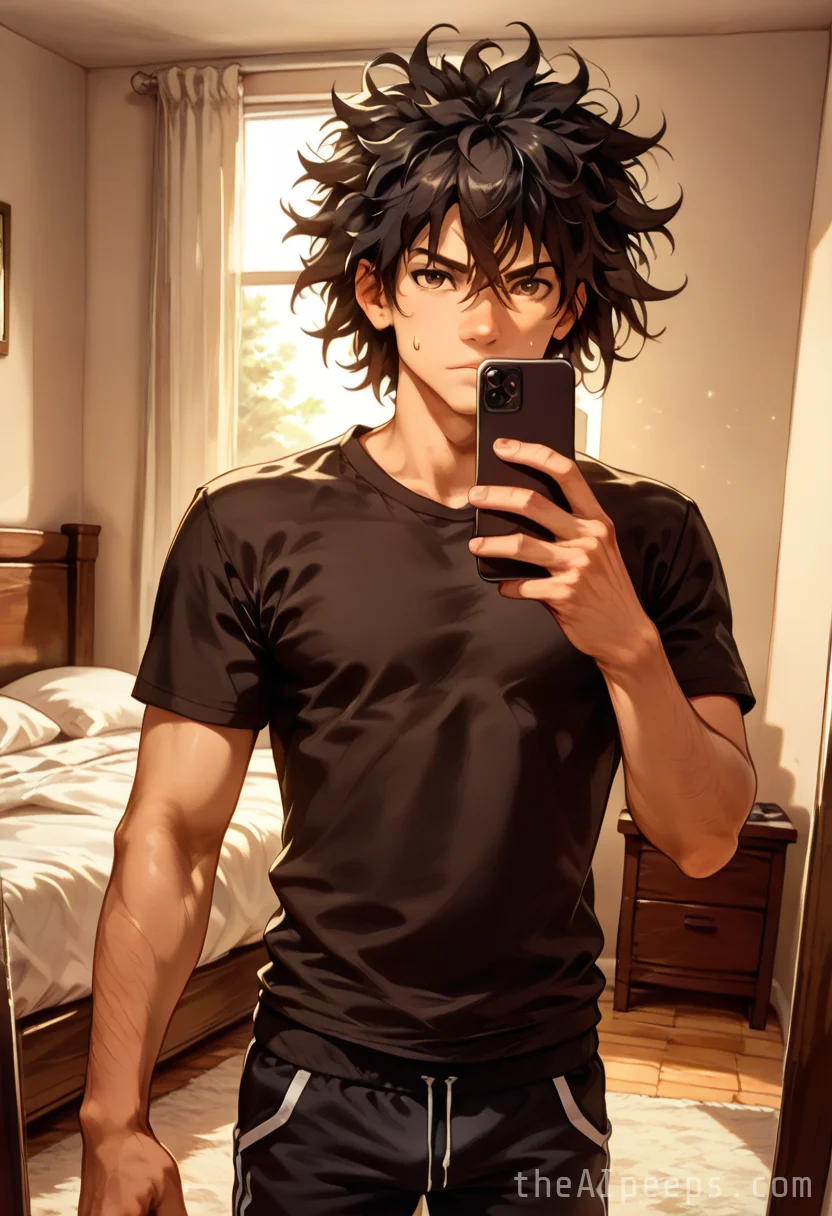(1boy:1.4), (solo:1.3), (selfie:1.2), (bedroom:1.1), dim, lighting, mirror, reflection, cellphone, serious, expression, sweatpants, pulling, down, pants, pubic, area